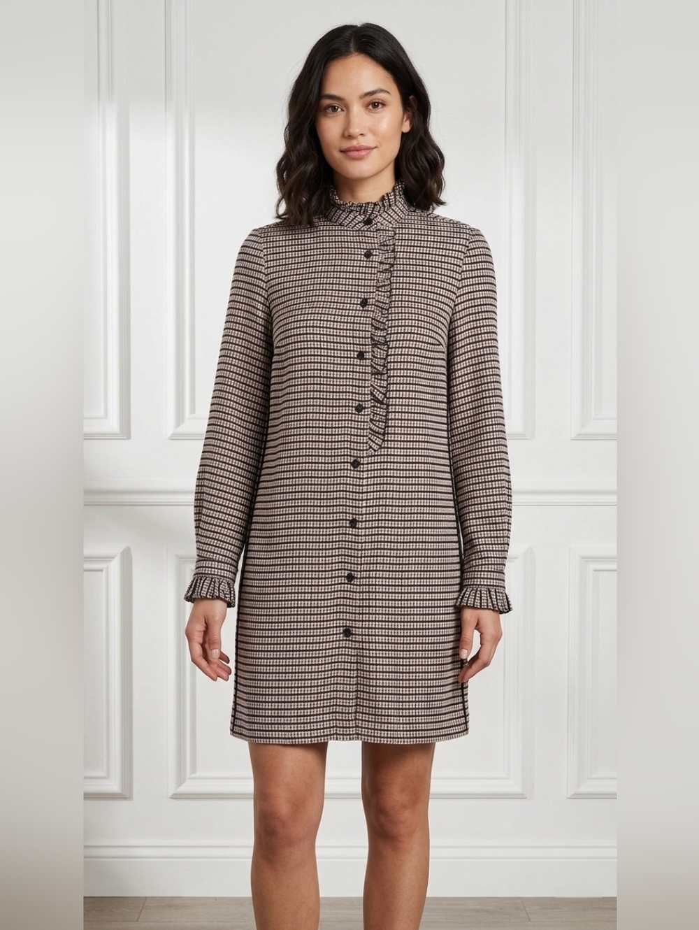 NWT Sandro Music in Optic Plaid Ruffle Placket Mini Shirt Dress 40 / US 8